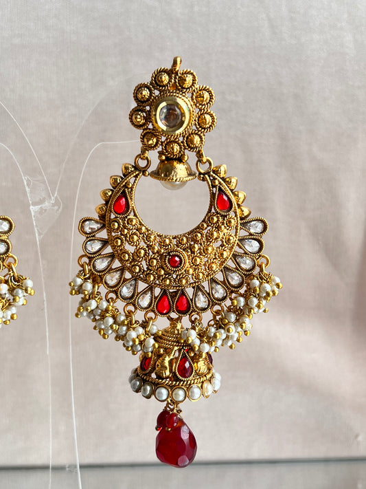 Red Jhumka Earrings with small beads