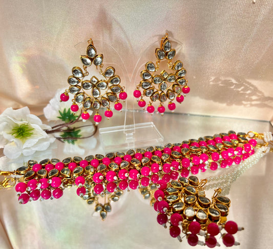 Kundan Necklace Set - Hot Pink