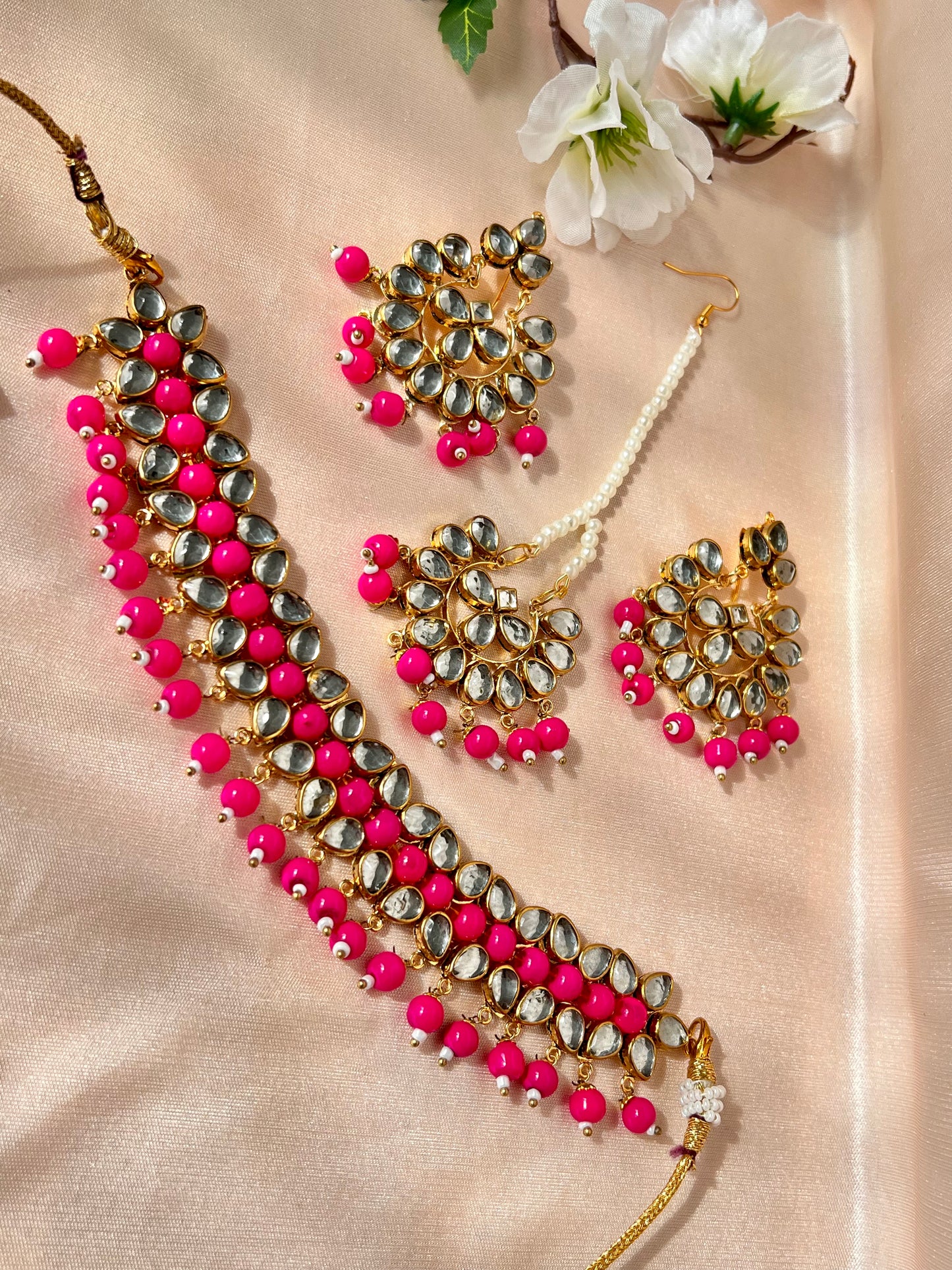 Kundan-Halsketten-Set – Pink